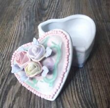 Heart Shaped Trinket Dish Jewelry Box Porcelain Ceramic Pastel Roses VTG Gift picture