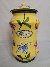 NONNI'S BISCOTTI COOKIE JAR AND LID HANDMADE CERAMIC FLORAL YELLOW CANISTER picture
