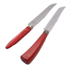 2 Vintage Red Bakelite Handle Knives Kitchen Utensils Mid Century Modern picture
