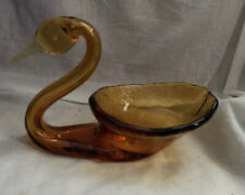 Mid Century Amber Color Glass Elegant Swan Candy Nut Dish Vintage picture
