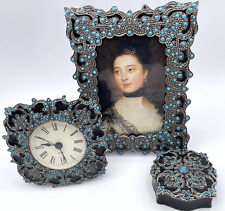 Vtg. 3pc Faux Turquoise & Black Enamel Metal Photo Frame- Clock- Trinket Box Set picture