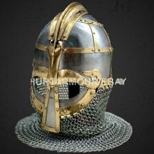 Vintage Steel Brass Helmet Medieval Knight Vendel Viking Helmet with Chainmail picture