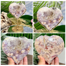 Pink Purple Amethyst Flower Agate Quartz Heart Healing Crystal Carving 414g picture