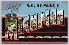 St Ignace Michigan, Large Letter Greetings, Old Cars RARE, Vintage Postcard picture