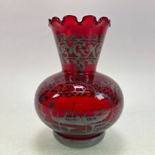 Vintage Ruby Red Silver Overlay Glass Vase Scenic Ruffled Rim picture