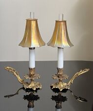 Pair Victorian Oil Candle Lamps Iridescent Gold Shades Gilt Bronze Base Twilight picture