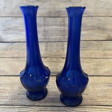 Vtg Pair Cobalt Blue Art Deco Paneled Glass Bud Vase 1940's Ribbed Edges 8