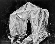 ANTIQUE GLASS PHOTO NEGATIVE - VICTORIAN LACE BABY CARRIAGE CANOPY - 1900's picture