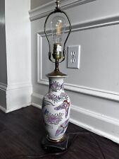 Vintage Chinoiserie Footed Table Lamp Floral Butterfly Brass Ornate Finial picture