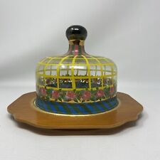 VTG Mackenzie Childs Tattersall Glass Cheese Dome Courtly Check Wood Charger USA picture