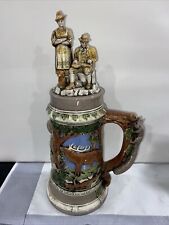 Vintage German  Ceramic Beer Stein With Figures On Lid  15” Tall picture