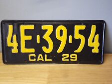 Vintage 1929 CALIFORNIA CA Auto Car Passenger License Plate 4E3954 Black Yellow picture