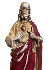 Antique 17” Rare, Jesus Sacred Heart Statue Chalkware w/Votive Candle, MTA 904 picture