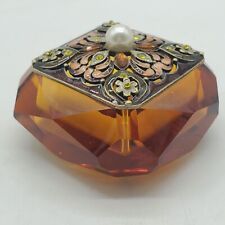 Mini Amber Faceted Glass Trinket Box with Metal Lid 2.5