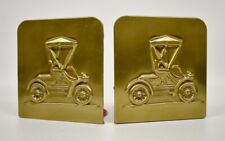 Antique 2-Tone Metal Bookends w/Gold-Tone Car Art picture