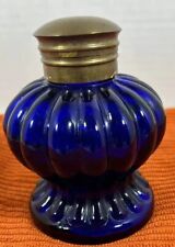 Vintage Antique Round / Ribbed Cobalt Blue Glass Inkwell with Hinged Brass Lid picture