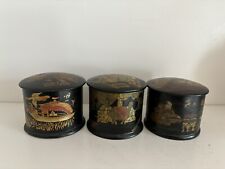 Japanese Black Lacquer Round Lidded Boxes Set Of 3 Vtg picture