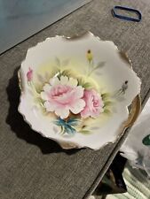 VINTAGE PORCELAIN BOWL HAND PAINTED PINK ROSES WITH GOLD TONE TRIM 7 