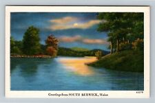 South Berwick, ME-Maine, Scenic Greeting, River By Moonlight Vintage Postcard picture