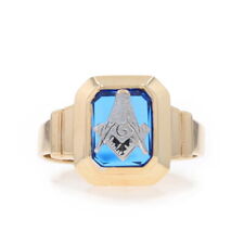 Yellow Gold Blue Lodge Men's Master Mason Ring 10k Lab-Created Sapphire Masonic picture