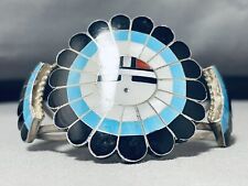 MASSIVE VINTAGE ZUNI SIGNED INLAY SUNFACE TURQUOISE STERLING SILVER BRACELET picture