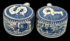 Royal China Currier and Ives Salt/ Pepper Shakers Blue Ceramic Carriage Scene picture