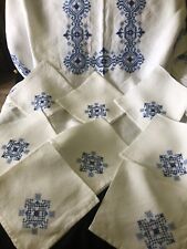 Stunning Vintage French Blue White Cross Stitch Linen Tablecloth 8 Napkins 4x6FT picture