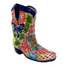 Talavera Pottery Planter Cowboy Boot Bud Vase Mexican Ceramic Flower Pot Lg 13in picture