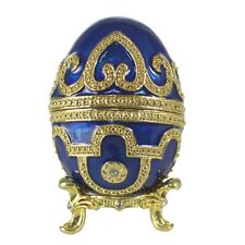 Blue Bejeweled Egg Trinket Box Jewelry Ring W/ Gold Stand Sparkly Hinged Gift picture