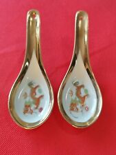 Vtg 1970s Red & Gold Dragon Porcelain Chinese Rice Soup Spoon 2 China Gold Rim picture