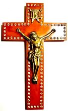 Vintage Caramel Bakelite Crucifix Cross Rhinestones And Brass picture