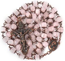 Rose Quartz Natural Stone Rosary Beads Necklace Holy Soil & Cross Crucifix picture