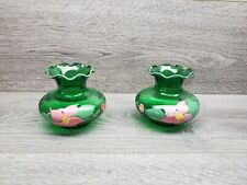 Vtg Emerald Forest Green Small Handpainted Glass Bud Vase Set If 2 Matching picture