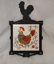 Vintage Enesco Japan Cast Iron Ceramic Tile Trivet Colorful Chicken Farmhouse picture