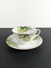 Vintage Ohata China Occupied Japan Tea Cup and Saucer Green Painted Fruit Berry picture