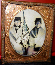 Reproduction 1/6th Size faux Tintype of soldiers in brass mat/frame picture