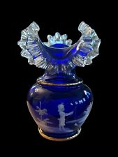 FENTON mary gregory Ruffled Crested vase hand painted cobalt 10”  picture