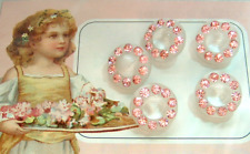 5 Vintage White Moonglow Glass Buttons w Sparkly Pink Rhinestones Marked La Mode picture