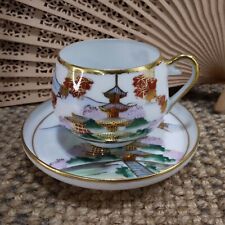 Vtg Japanese Thin Porcelain Mini Teacup & Saucer Shinto Temple Cherry Blossom picture