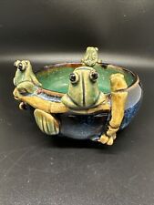 Frog Planter/ Bowl Majolica Style Art Pottery Blue Green Glazed 4.5”wide Signed picture