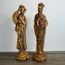 Beautiful Carved Chinese Asian Composition Resin Lady And Man 14” with Fan picture