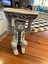 Vintage Chinoiserie Blue & White Ceramic Monkey Holding Dish Bowl picture