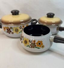 Vintage 70s Harvest Blossom Porcelain Enamel Cookware 5 PC Set Pot Pans picture