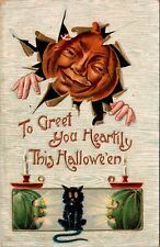 Postcard To Greet You Heartily This Halloween 1908 Black Cat/ Pumpkin Head Cs picture