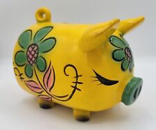 Ceramic piggy bank, 1970s, Yellow with Green flower design. picture