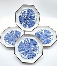 Four Vintage Japanese Porcelain Blue & White Floral Signed Footed Plates picture