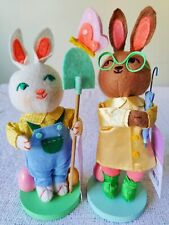 Couple Of Soft Easter Bunnies Figurine  Spritz Raincoat w Umbrella & Farmer '22  picture