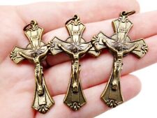 Lot of 3 Antiqued Bronze Toned Scrollwork Cross Medal Crucifix Pendants picture
