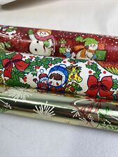 Vintage Christmas Wrapping Paper Roll Lot Of 3 Snowman Toys Bunny Gold Bells 70s picture
