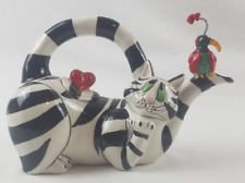 Blue Sky Teapot Cheshire Cat Clancy Hearts Parrot Bird Black White Stripe Kitty picture